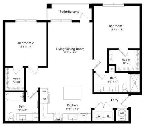 Floor plan for 2 beds, 2 baths, 1021 sqft